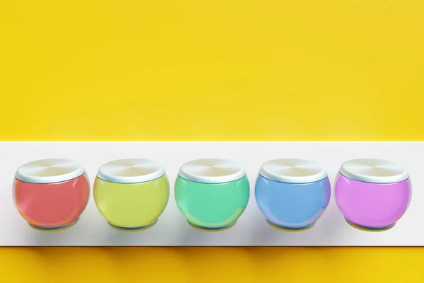 Illustrazione Cinque Vasetti Vetro Trasparente Multicolore Con Coperchi Forme Forme — Foto Stock