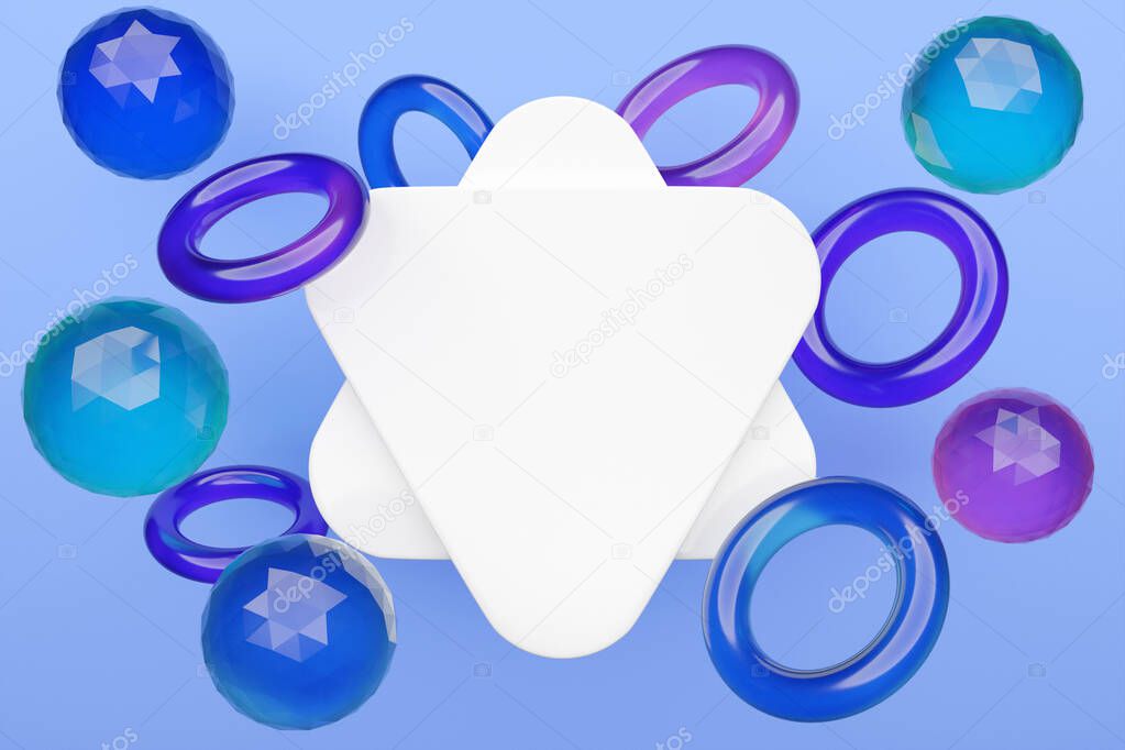 Close-up 3d  white  and blue  illustration. Different geometric shapes: rounded triangles, torus ,  sphere are placed at the same distance. Simple geometric shapes flying