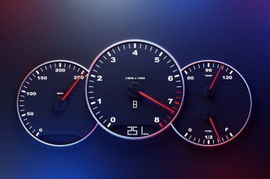 Siyah izole arkaplan üzerinde kilometre sayacı, hız göstergesi, takometresi, takometresi olan 3B resimleme