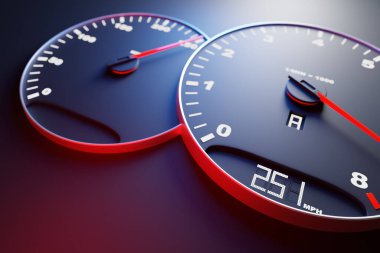 3 boyutlu illüstrasyon, yeni araba iç dekorasyonu. Hız göstergesi 251 km / s gösteriyor, takometrede beyaz ışık var. Siyah araba panelini kapat, spor tarzında dijital parlak hız göstergesi. 