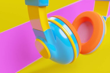 Pembe ve sarı arka planda izole edilmiş 3D gerçekçi kulaklıklar. Müzik kulaklıkları. Ses teknolojisi. Modern kulaklıklar