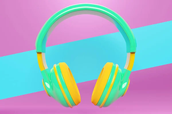 Green and yellow   classic wired headphones isolated 3d rendaring.  Headphone icon illustration. Audio technology.