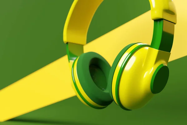Green and yellow  classic wired headphones isolated 3d rendaring.  Headphone icon illustration. Audio technology.