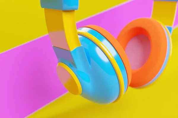 3D演示现实的彩色耳机 隔离在粉色和黄色的背景上 音频技术 现代耳机 — 图库照片
