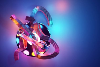 Soyut gökkuşağı neon ışıklı çizgi desenleri. Renkli neon ışıklı şekillerin koyu arkaplanı