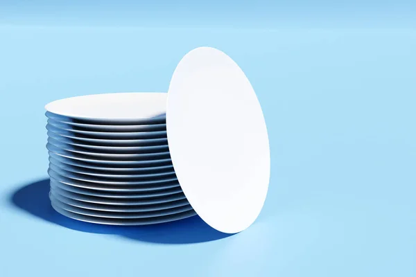 青い背景に同じ白いディナープレートのスタックの3Dイラスト プラスチックプレートアイコン — ストック写真