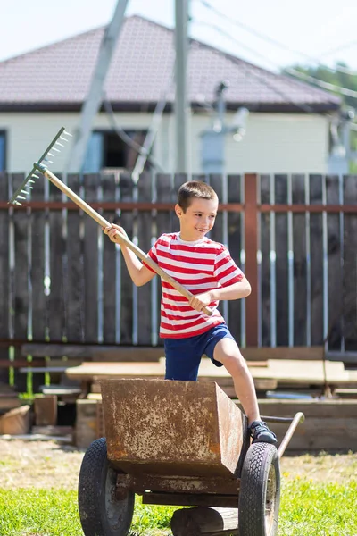 Little Cheerful Boy Stands Garden Wheelbarrow Holds Rake His Hand — Stock Photo, Image