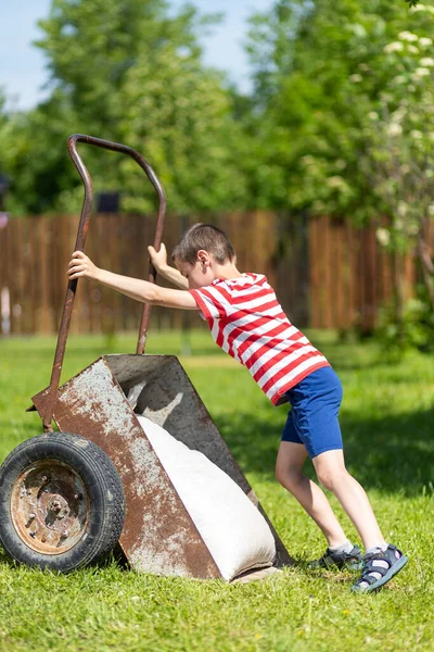 Leuke Peuter Jongen Spelen Met Grote Oude Kruiwagen Achtertuin Tuin — Stockfoto