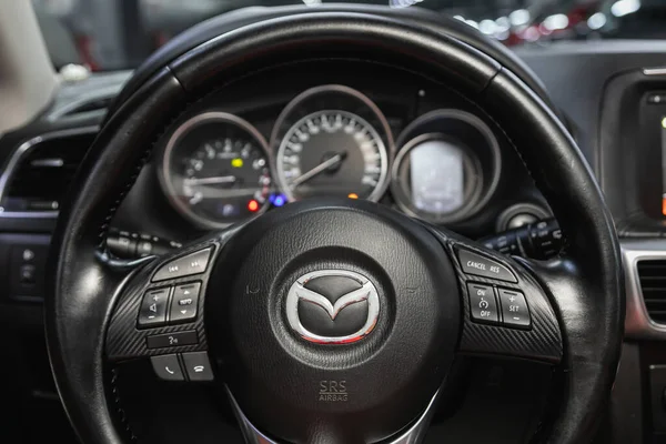 Novosibirsk Russia June 2021 Mazda Luxurious Car Interior Steering Wheel — Stock Photo, Image