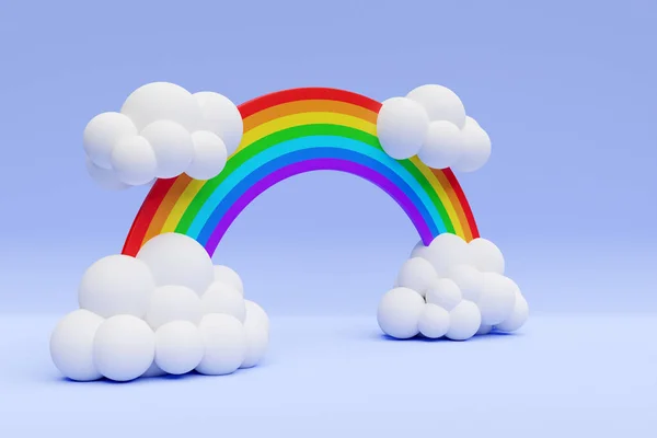 3D的卡通画彩虹的形式是弧形的 在蓝色背景的末端有云彩和阴影 儿童房 明信片室内装饰设计 — 图库照片