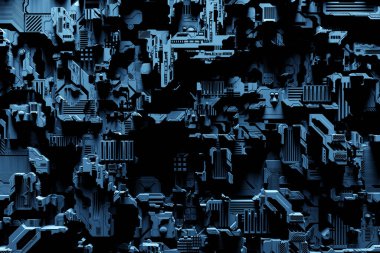 Fütürist bir makinenin ayrıntıları. Turuncu neon ışıkların altında çeşitli detaylardan oluşan fütüristik bir duvarın 3 boyutlu çizimi. Siber punk geçmişi. Endüstriyel duvar kağıdı. Grunge detayları