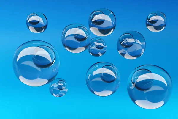 3d illustration of a transparent metaball with a huge number of parts on a blue background. Digital metaball background of flying overflowing into each other shiny spheres.