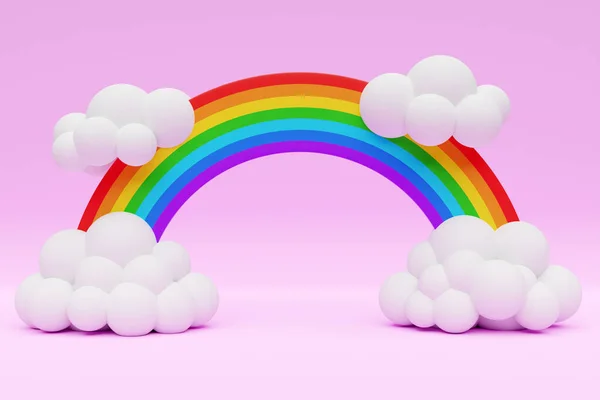 3D的漫画彩虹图形 呈弧形 尾端为云彩 背景为粉色 有阴影 — 图库照片