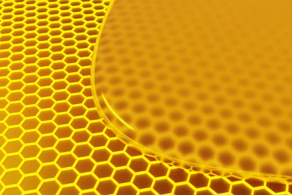 三维说明蜂窝单色蜂窝与流动的黄色蜂蜜 蜂蜜马赛克 橙色黄色花纹装饰六边形 — 图库照片