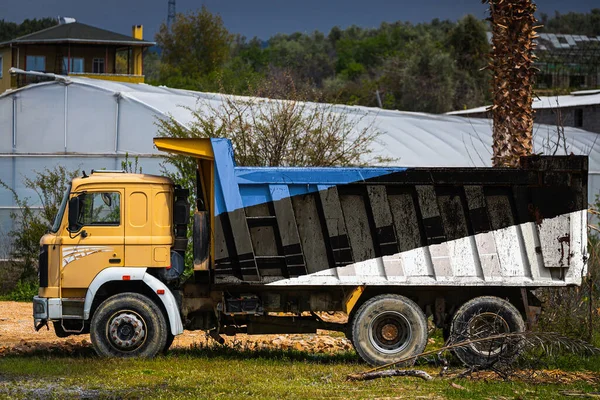 Dump truck with the image of the national flag of Estonia is parked against the background of the countryside. The concept of export-import, transportation, national delivery of goods