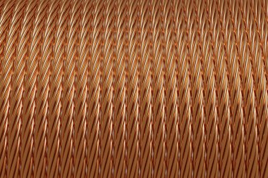 Makaradaki parlak bakır kabloyu kaybetmenin 3 boyutlu bir örneği. Bir sıra bakır tel. 