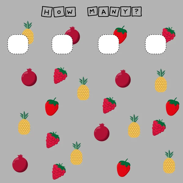 Developing activities for children, count as many  fruites fresh  raspberries, strawberries, pomegranates and pineapples. Logic game for children.