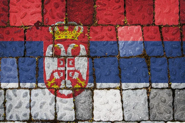 Národní Vlajka Srbska Pozadí Kamenné Zdi Označení Banner Pozadí Kamenné — Stock fotografie