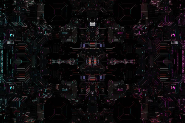 三维图以金属 宇宙飞船或机器人的技术镀层形式展示的图案 计算机游戏风格的抽象图形 接近黑暗的网络装甲 — 图库照片