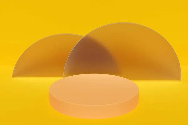 黄色の孤立した背景に丸いアーチを持つ円からのシーンの3Dイラスト 円形のモノクローム台座のクローズアップ — ストック写真