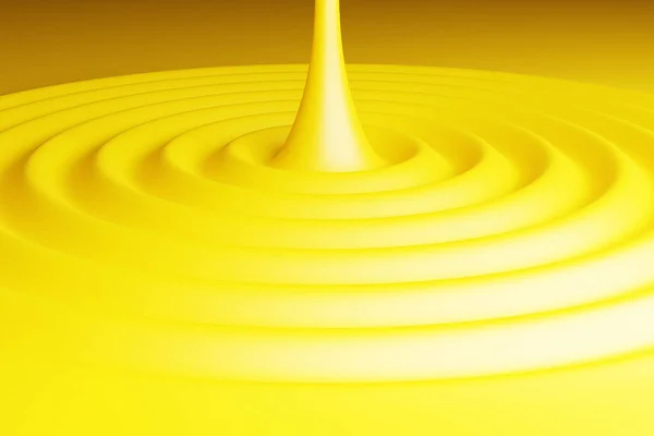 3d illustration of a yellow drop falling into a liquid with waves Close up of  water droplets