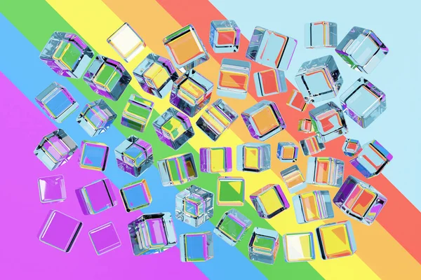 彩虹背景上透明立方体的3D示例 抛物线图的模式 技术几何背景 — 图库照片