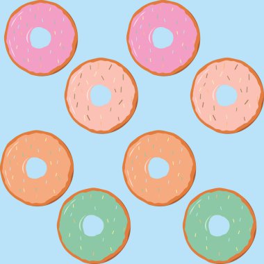 Çizgi film renkli donutların kusursuz deseni, üst manzara. Menü tasarımı için jöleli donut koleksiyonu, kafe dekorasyonu. Düz biçimli vektör illüstrasyonu