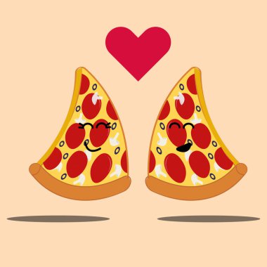 Bir çift şirin pizza birbirine aşkla bakar sağlam bir arka planda ve kalplerle. Aşkın ve yemeğin sonu.