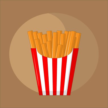 Kahverengi arka planda kırmızı bir kutuda kızarmış patates. Fast food, sağlıksız gıda konsepti.