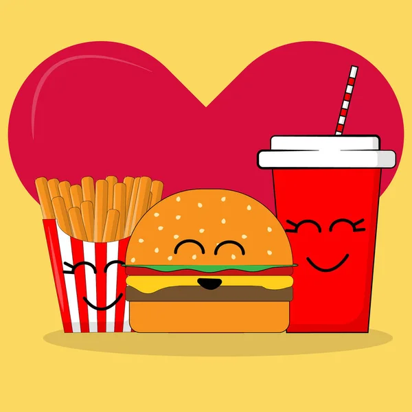 Vector fresh burger with salad, cutlet, tomatoes, cheese, sesame bun, fries, and disposable red cup with hook and straw smiling cheerfully on the background of the heart