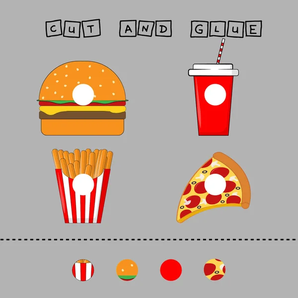 Developing an activity for children, the task is to cut and glue a piece on the burger with salad, french fries, pizza margarita and disposable red cup with hook and straw . Logic game for children.