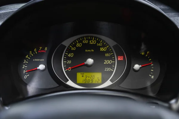 Novosibirsk Russia June 2021 Hyundai Tucson Black Car Speedometer 汽车仪表盘的近照 — 图库照片