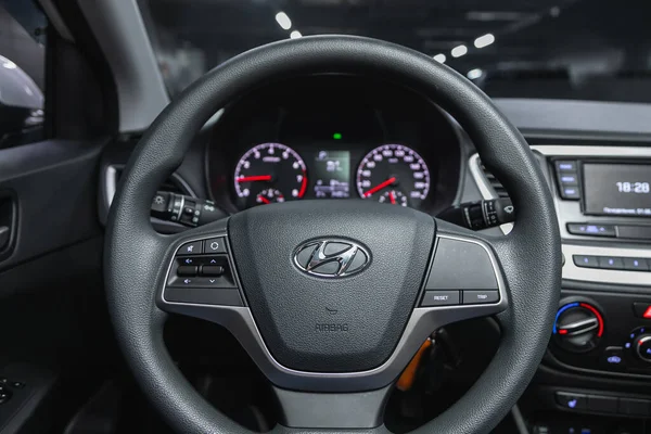 Novosibirsk Russia June 2021 Hyundai Solaris Dashboard Player Steering Wheel — Stock Photo, Image