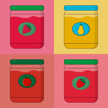 Çilek, ahududu, armut ve elma reçeli ve yeşil kapaklı dört kavanozun vektör görüntüsü 