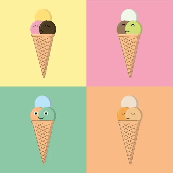 Imagen Vectorial Conos Helado Con Deliciosas Bolas Chocolate Fresa Helado —  Fotos de Stock