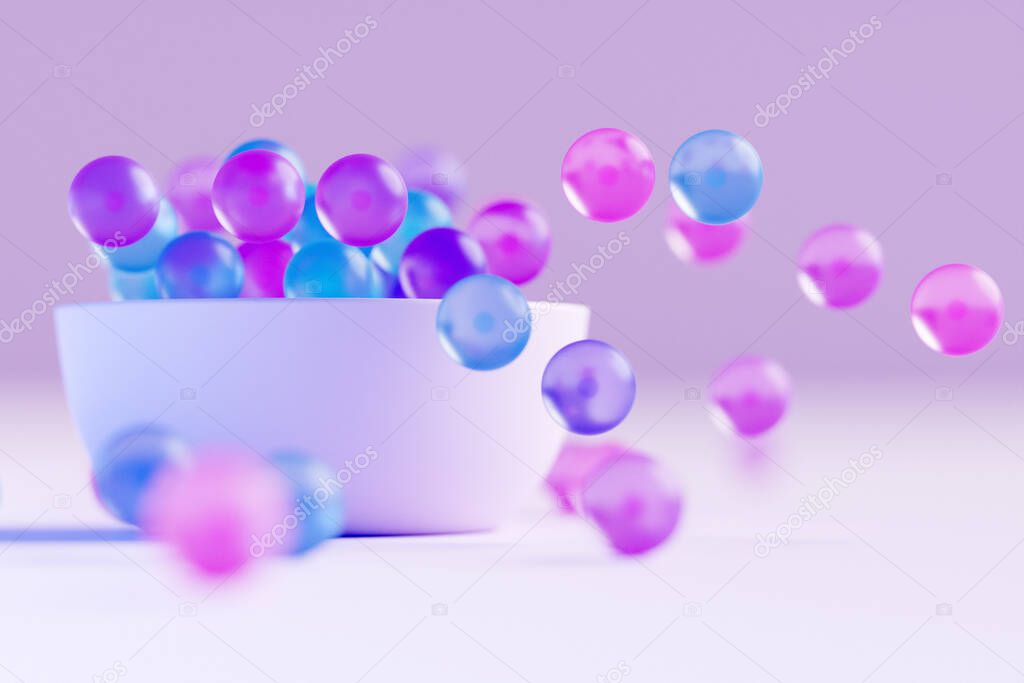 3D illustration of a large plate with colorful glass balls flying in different directions on a pink  background. Shiny beads