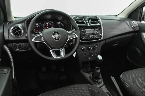 Renault Duster salon. Interior design, dashboard, speedometer, tachometer  and steering wheel inside the car. The car is produced by the French  company Stock Photo - Alamy