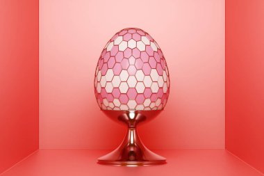 Kırmızı bir odada ağ şeklinde pembe bir tavuk yumurtasının üç boyutlu çizimi.