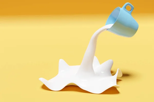 Illustration Blue Tea Cup Pouring Milk Splashing Different Directions Yellow — Stock Photo, Image