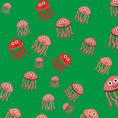 Renkli denizanasıyla kusursuz bir desen. Duvar kağıdı, tekstil, ambalaj, kartlar, kapaklar için kullanılabilir. Yeşil arka planda küçük renkli denizanaları.