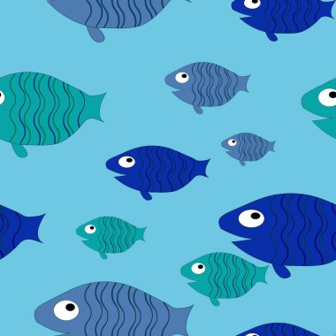 Renkli balıklarla kusursuz bir desen. Duvar kağıdı, tekstil, ambalaj, kartlar, kapaklar için kullanılabilir. Mavi arka planda küçük renkli balıklar.