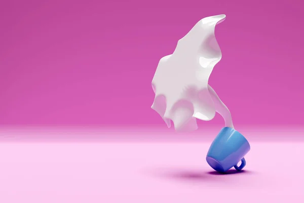 一个蓝色茶杯倒牛奶和粉红背景向不同方向泼洒的3D插图 — 图库照片