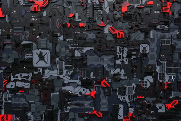 Robot Siyah Kırmızı Siber Zırhın Gerçekçi Bir Modelinin Boyutlu Çizimi — Stok fotoğraf