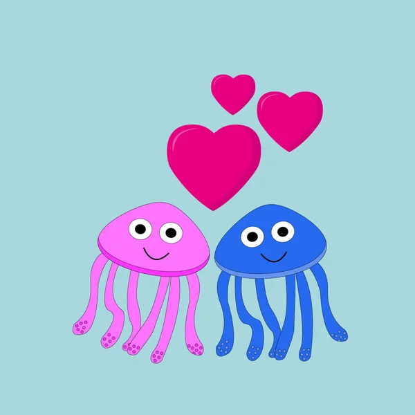 Милые Любящие Медузы Розового Голубого Цвета Смотрят Друг Друга Сердца — стоковое фото