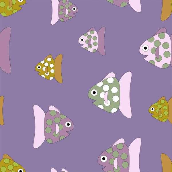 无缝线矢量图案与可爱的紫色和绿色装饰鱼 色彩艳丽的背景 海市蜃楼 — 图库照片
