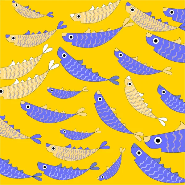 かわいい黄色と青の装飾的な魚とシームレスなベクトルパターン 面白い多色背景 海のテクスチャ — ストック写真