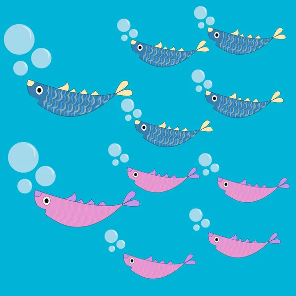 Cute sea fish happy family, with mother and father and children, sons and daughters swim in the sea, vector illustration.