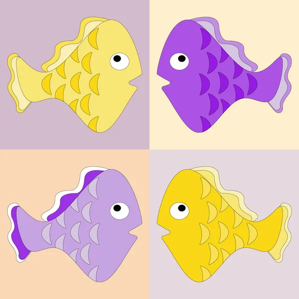 Set Vettore Multicolore Viola Giallo Carino Pesce Sfondo Isolato Set — Foto Stock