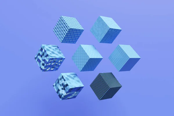 青いキューブの行の3Dイラスト 平行対数パターン 技術幾何学的背景 — ストック写真