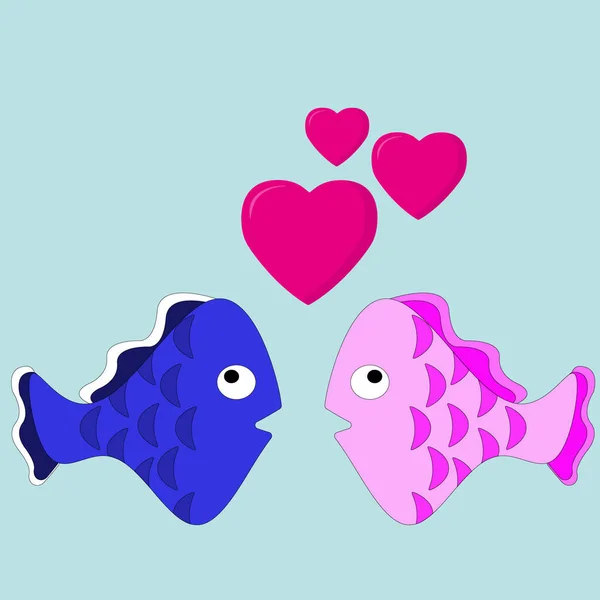 Sevimli Pembe Mavi Renkli Balıklar Birbirlerine Bakarlar Kalpler Mavi Izole — Stok fotoğraf